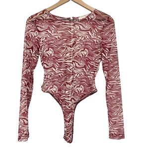 Meshki Womens Burgundy Marble Print Sheer Bodysuit Size Medium Long Sleeve Y2K